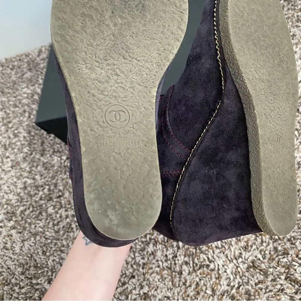 Chanel Lace Up Suede Calfskin Chain Wedge Booties - Picture 9 of 14